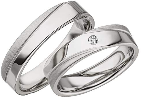 JC Trauringe 925er Sterling Silber Paar-Preis I Ehe-Ringe mit kostenloser Gravur I Verlobungsringe 5 mm breit inkl. Etui-Box I Herren-Ring ohne & Damen-Ring mit Zirkonia-Stein I Gr. 48 bis 72 I A08