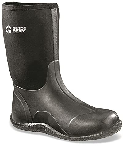 Guide Gear Men's Mid-High Bogger Waterproof Rubber Work Rain Boots 12”, 5mm Neoprene Top Black 9D (Medium)