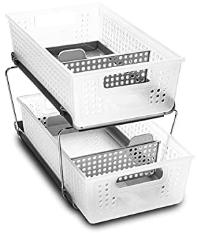 madesmart 2 Tier Bath Organizer, Undersink Storage with Sliding Drawers, for Cleaning Supplies, Pantry, Sponges, Bottles & Kitchen Essentials, Adjustable Dividers & Pull Out Sliding Baskets, Frost