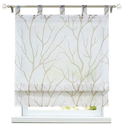 ESLIR Raffrollo mit Schlaufen Gardinen Küche Raffgardinen Transparent Schlaufenrollo Modern Vorhänge Weiß-Braun BxH 120x140cm 1 Stück