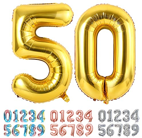 Ponmoo Foil Globo Número 50 Dorado, Gigante Numeros 0 1 2 3 4 5 6 7 8 9 10-19 20-29 30 40 50 60 70 80 90 100, Grande Globos para La Boda Aniversario y Cumpleaños Fiesta Decoración