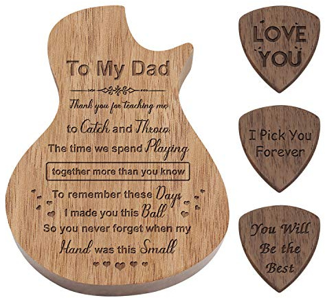 Gravierte personalisierte Holz-Gitarrenplektren-Box, geformter Plektrum-Behälter mit 3 Standard-Plektren (To Dad)