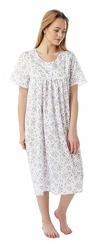 Ladies Womens Cotton Floral Print Short Sleeve Front Button Opening Nightwear Nightie with Lace - Pink Blue Lilac Nightdresses for Women UK Size 10-30 MN11