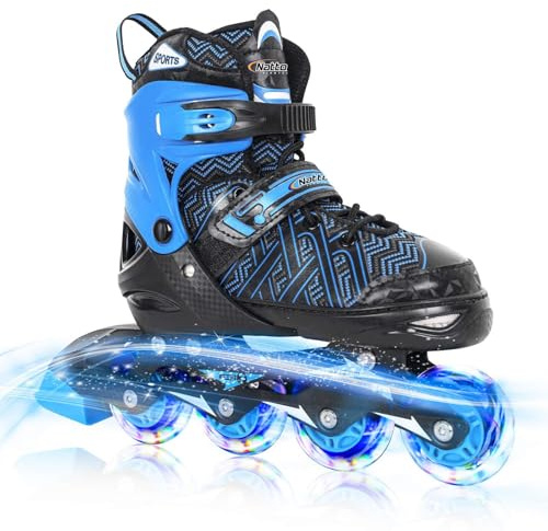 Nattork Adjustable Inline Skates for Youth Big Boys - with Light up Wheels - Blue Blade Roller Skating for Beginners Size 5 6 7 8 Ages 11 12 13 14 15