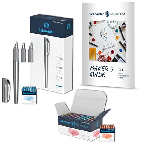 Schneider 399458 Callissima Kalligraphie-Set (Füller mit 3 Federbreiten, 66 Pastell Patronen in 8 Farben, inkl. Handlettering Guidebook) Gehäusefarbe: Anthrazit