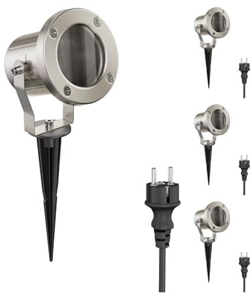 ledscom.de 4 Stück LED Gartenstrahler MIBU mit Erdspieß für außen, Edelstahl, ohne Leuchtmittel