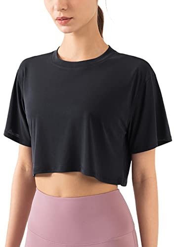 Hanyomo Donna Fitness Allenamento Top Corto Manica Corta Yoga Magliette Atletico Running Magliette Sportive Nero M