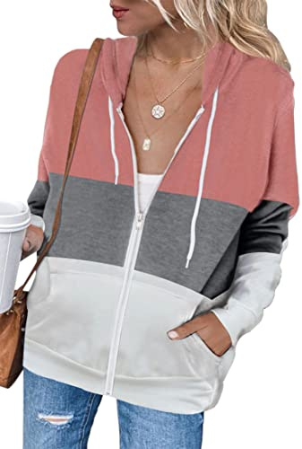 EUDOLAH Felpa di Blocchi Donna di Colore con Cappuccio e Zipper Cappotto Casual Ragazza Autunno Primavera S,Rosa 1
