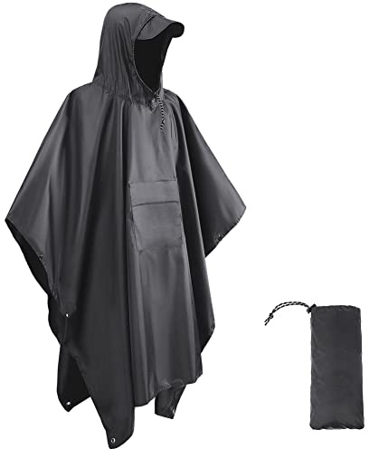HYCOPROT Poncho de Lluvia Impermeable 210T Oxford Reutilizable, 3 en 1 Multifuncional Chubasquero Transpirable Ultrafino/Toldo Manta/Estera de Camping para Trekking Senderismo Camping Pesca (Grau)