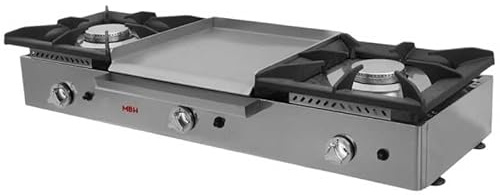 MBH - Professioneller Gasherd mit 2 Kochstellen und 1 laminierter Grillplatte 40 x 40 mittig für Großküche, Bar, Restaurant und Gastronomie.