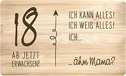 Tassenbrennerei Frühstücksbrettchen - 18 ab jetzt erwachsen - Geschenk zum Geburtstag - Echtholz Made in Germany - Brettchen lustig Geburtstagsgeschenk
