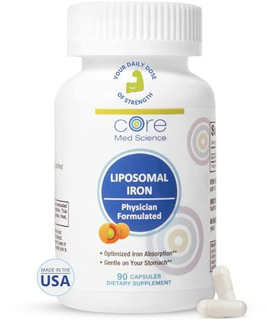 Core Med Science Liposomal Iron Supplement for Women & Men, 65mg (90 Capsules) - Iron Absorption Vitamin Pills for Deficiency During Pregnancy - Easy to Swallow & Gentle on Stomach - Dairy-Free