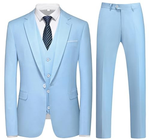 KUDMOL Traje de 3 piezas para hombre, elegante, casual, oficina, trabajo, ajustado, blazer de un botón, clásico, ligero, transpirable, boda, baile, esmoquin chaqueta, chaleco, Azul Claro, XL