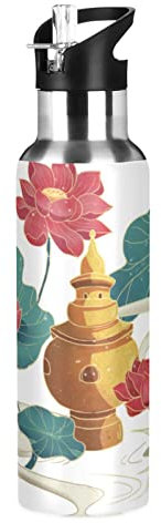 KAAVIYO Blume Lotusblatt Ofen Trinkflasche Wasserflasche mit Strohhalm 600ML Edelstahl Auslaufsicher Wasserkanne Water Bottle