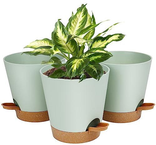 OFFCUP Kunststoff Blumentopf, 3 Stück Mit Untersetzer, Pflanztopf Selbstbewässerung 19 * 20cm, Mit 20 Pflanzenetiketten und Bewässerungssystem für Innen und Balkon Pflanzen