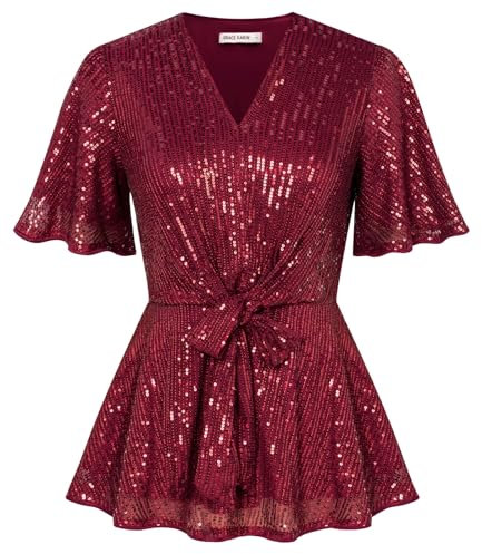 Damen Glitzer Party Bluse Trompetenärmel Elegant Tunika V-Ausschnitt Halloween Tanzparty Shirt Winter Herbst Tops Rotwein L