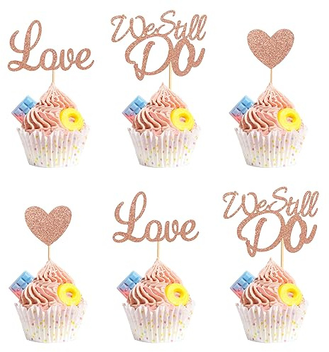 Arthsdite 24Pcs We Still Do Cupcake Toppers Glitter Love Heart Marriage Anniversary Cupcake Picks Bridal Shower Wedding Engagement Birthday Cake Decorations Supplies - Rose Gold Glitter