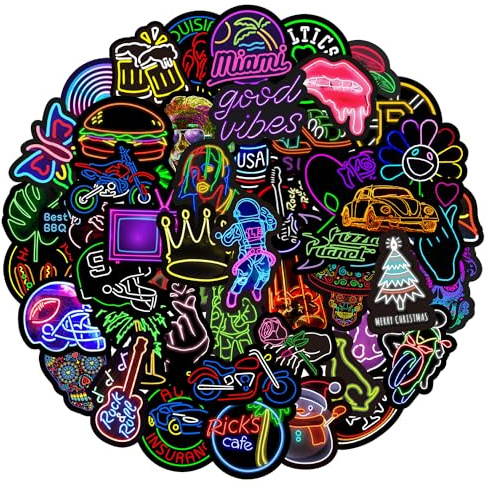 Neon Graffiti Stickers, Cool Waterproof Vinyl Neon Light Decals for Car Motorcycle Bike Bumper Helmet Skateboard Laptop Water Bottles Travel Luggage Guitar Scrapbook iPad Phone Case [50 PCS]