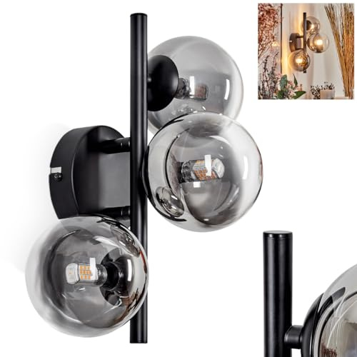Wandleuchte Chehalis, Wandlampe aus Metall/Riffelglas in Schwarz/Rauchfarben/Klar, Leuchte im Retro/Vintage-Design m. Schirmen aus Glas (Ø 10cm) u. An/-Auschalter am Gehäuse, 3 x G9, ohne Leuchtmittel