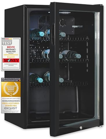Exquisit Glastürkühlschrank GKS120-GT-160C schwarz | Nutzinhalt: 118 L | Türschloss | 3 Gitterablagen | Umluftventilator | Standgerät
