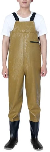 BAIRUNDA Angelhose Wathose Für Männer Und Frauen, Verdickte PVC Wasserdichte Angler Wathose Regenhose Mit Stiefeltasche Für Zucht Jagd Gartenarbeit, 43 EU,Khaki