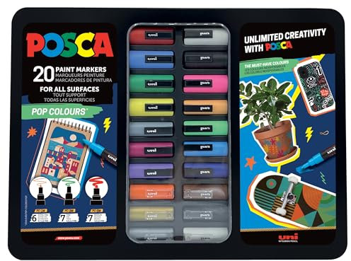 POSCA 186831 - POSCA Marker Set, 20 Acrylstifte im Etui, Marker Set Pop Colours, Spitze PWE5M 1,8-2,5 mm