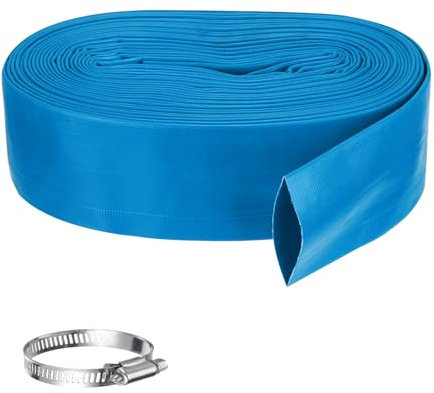 Rebower Pool Backwash Hose, 2.5 Inch x 50ft Reinforced Drain Hose PVC Lay Flat Water Discharge Pump Hoses for Pool Filter Swimming Pump, with 1pcs Clamps, Blue