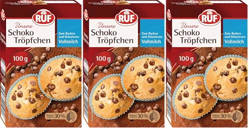 RUF Schoko-Tröpfchen Vollmilch, backfeste Schokoladen-Tropfen zum Backen & Dekorieren von Kuchen & Co., Topping für Porridge, glutenfrei & vegan (Packung mit 3)