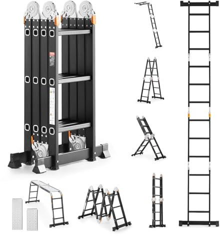 VEVOR Scala Pieghevole Multiuso, Scala a Pioli Estensibile Alta, Struttura a A con 3 Gradini e Scala Telescopica per Ponteggi, Altezza 3,7 m, Scala per Impieghi Gravosi, Capacità 149,7 kg per Casa