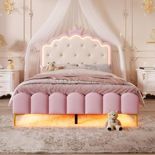 Kebnor Letto imbottito con rete a doghe, luce ambiente con telecomando, interno a forma di principessa corona, materiale PU, rosa (senza materasso) (140 x 200 cm)