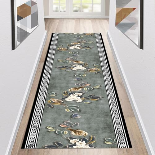 Siunwdiy Teppich Läufer Flur Küche rutschfest Waschbar 50x120cm Vintage mit Blumen Grau Küchenläufer Lang Korridor Teppich Läufer Küchenteppich Flurteppich Meterware Anpassbar