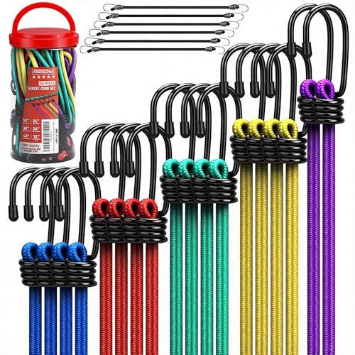 24-Piece Premium Bungee Cords Heavy Duty Outdoor, Bungee Cords with Hooks in a Storage Jar Includes 10, 18, 24, 30, 36, 48 Bungie Cord Bundle Assortment for Camping, Tent, Fastening Items