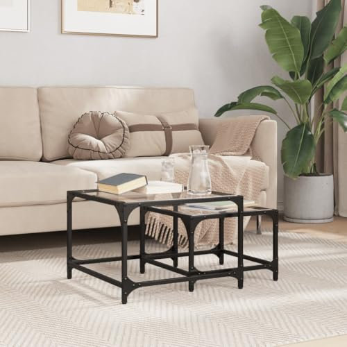Satztische mit Glasplatte 2er Set, Beistelltisch, Sofatisch, Kaffeetisch, Teetisch Tisch für Wohnzimmer, Büro, Schlafzimmer, Transparent Stahl