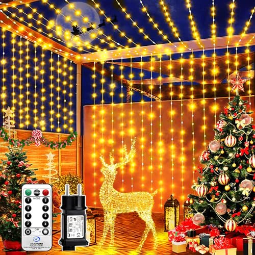 Redefun Lichtervorhang 3m x 3m 300LED Lichterketten Vorhang mit Stecker, 8 Modi Weihnachtsbeleuchtung Wasserdicht Wasserfall Lichter mit Fernbedienung für Außen Weihnachten Balkon Deko(Warmweiß)