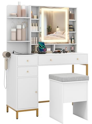 COSTWAY Sminkbord Med LED-Spegel, Toalettbord Och Pallset Med Uttag, 3 Färglampor, Spegelskåp, Lådor, Öppna Hyllor Och Transparent Glasbord, Vitt