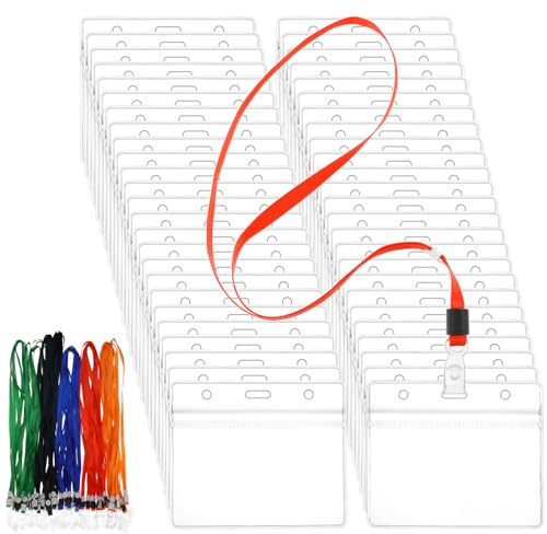 QWORK® 50 piezas cordones con portatarjetas horizontales, transparentes e impermeables portatarjeta, para oficina, escuela y etiquetas de equipaje