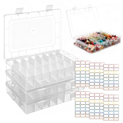 3 Pcs Caja Organizadora de Plástico Transparente con 24 Compartimentos Ajustables 19.8x13.4x3.8cm Organizador de Hilos Cuentas Joyas Tornillos Caja Clasificadora Apilable para Bricolaje +144 Etiquetas