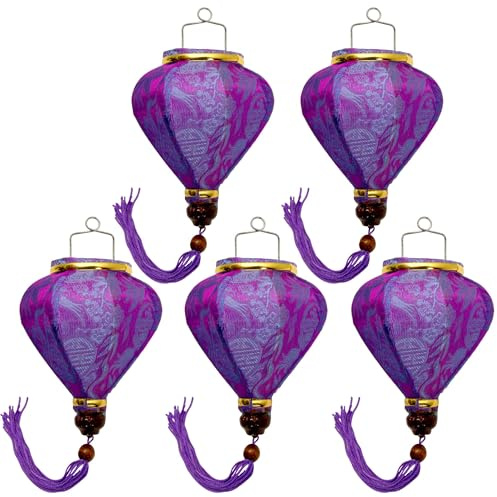 Set mit 5 kleinen asiatischen Laternen aus Seide, lila, M, Durchmesser 10,5 cm – Hoi an Lampion traditionell aus Stoff, Bambus und Holz – Dekoration und Handwerk aus Vietnam (S56-8464)