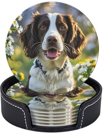 Drink Coasters Set of 6 Round Leather Coaster with Holder Cute springer spaniel Coasters for Drinks Cups Mugs Mat Pads Absorbent Non-Slip Coaster for Coffee Table Kitchen Bar Home Decor
