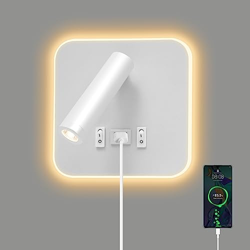 Bedside Reading LED Wall Light, Wall Mounted Reading Lamp with Switch and USB Port, 350° Rotatable Wall Sconce Spotlight for Bedroom, Hallway, Hotel, Adjustable 3000K Warm Lamp, 3W+9W(1pcs-white)