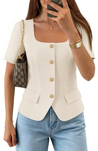 ZESICA Women's Trendy Vests Top 2026 Spring Summer Square Neck Short Sleeve Blazer Suit Button Down Business Casual Blouse, Apricot, L