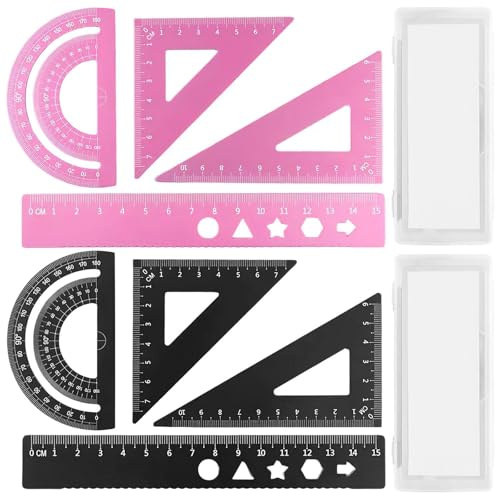 TIMJJG Set di Righelli da 8 Pezzi, Righello con Scritte in Metallo, Goniometro Portatile Multifunzione, Materiale Scolastico per Studenti (Rosa, Nero).