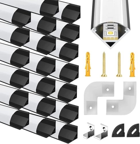 Chesbung 20 X 1m Schwarz LED Aluminium Profil für Led Streifen/Stripes, V Form Kanal Eckprofil Alu Profile, Leiste Aluprofil with Milchig Weißer Abdeckung, Montageclips und 90 Grad Eckverbindern