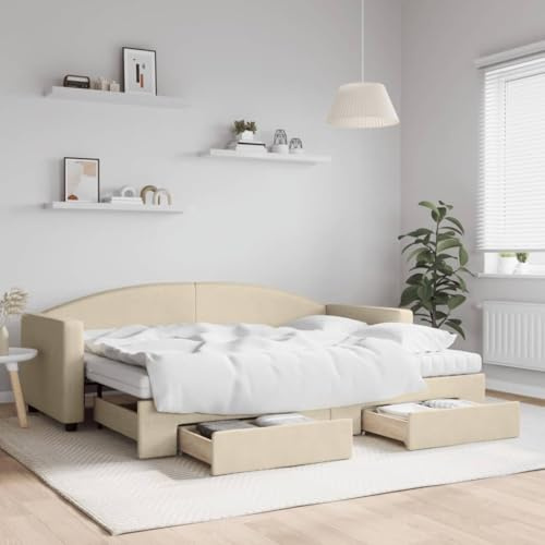QUAHEAS Utdragbar dagsäng, med lådor, krämfärgad, 80 x 200 cm, tygöverdrag, metall och ram i massivt trä, komfortskummadrasser