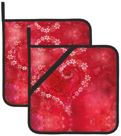 Set di 2 presine decorative da cucina resistenti al calore per San Valentino, con stampa a forma di cuore e fiori