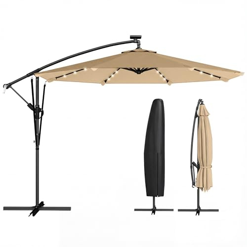 Outsunny Ombrellone da Giardino Decentrato 3x3m con LED Solari, Manovella, Base a Croce, Ombrellone da Esterno in Alluminio e Poliestere con Telo Protettivo, per Terrazza Piscina Cortile, Cachi