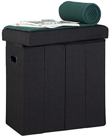 Relaxdays Puff Almacenaje Plegable con Tapa, Poliéster, Negro, 49.5 X 46 X 25.5 Cm