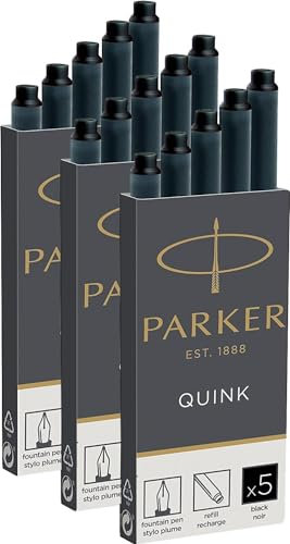 Parker Quink Fountain Pen Ink Cartridges - Long Size - Pack of 15 - Black