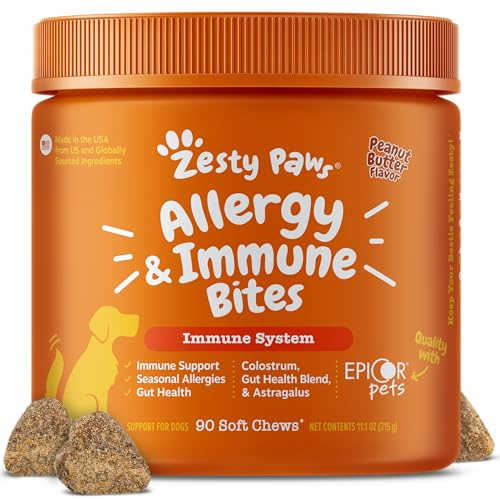 Zesty Paws Allergy Immune Bites - Dog Allergy Chews, Dog Probiotics for Itchy Skin and Ears, Peanut Butter, 90ct