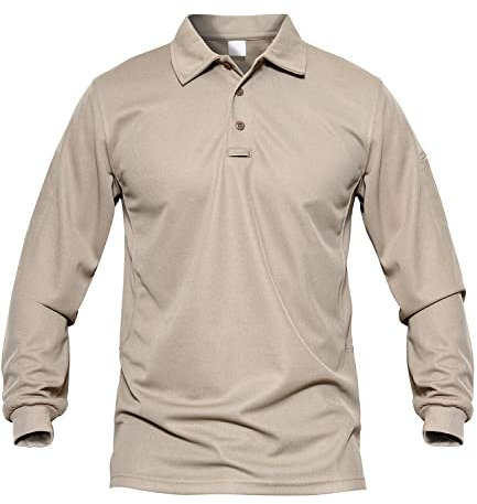 MAGCOMSEN Long Sleeve Golf Shirts for Men Breathable Tactical Polo Shirt Quick Dry Hiking Shirt Khaki, L